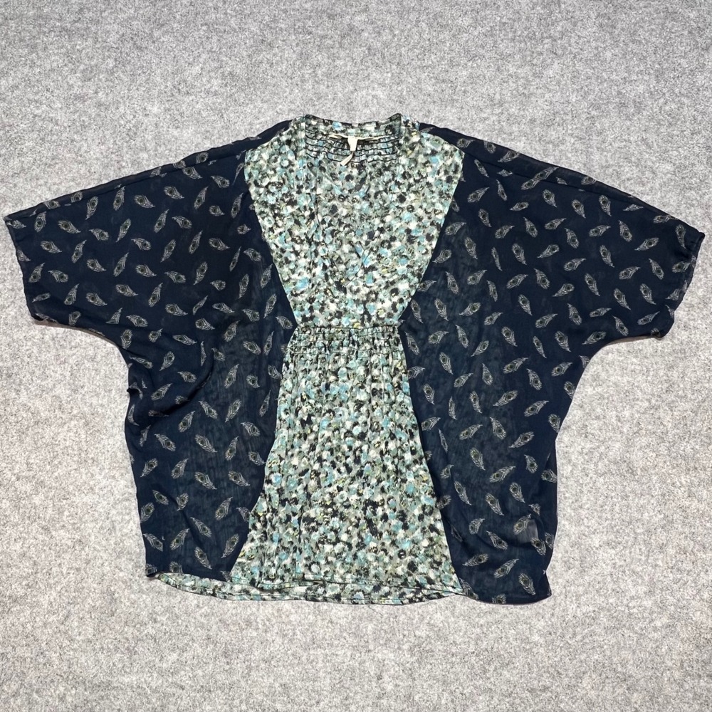 Black Poppy Navy Floral Peacock Print Batwing Blouse XS